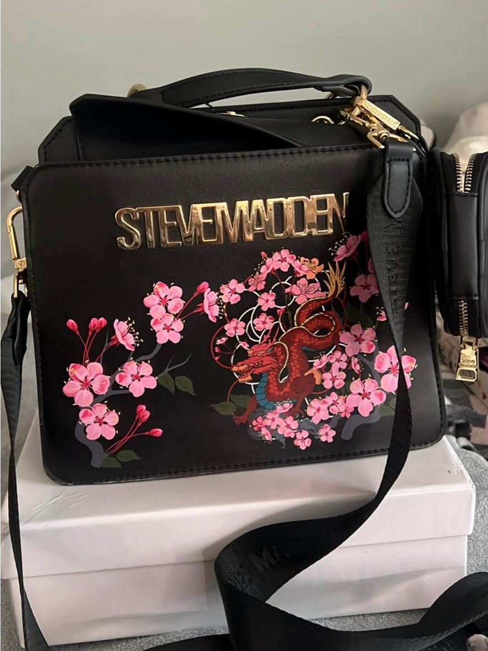 Steve Madden Purse Year of the Dragon Cherry Blossom Flower Black Crossbody Bag